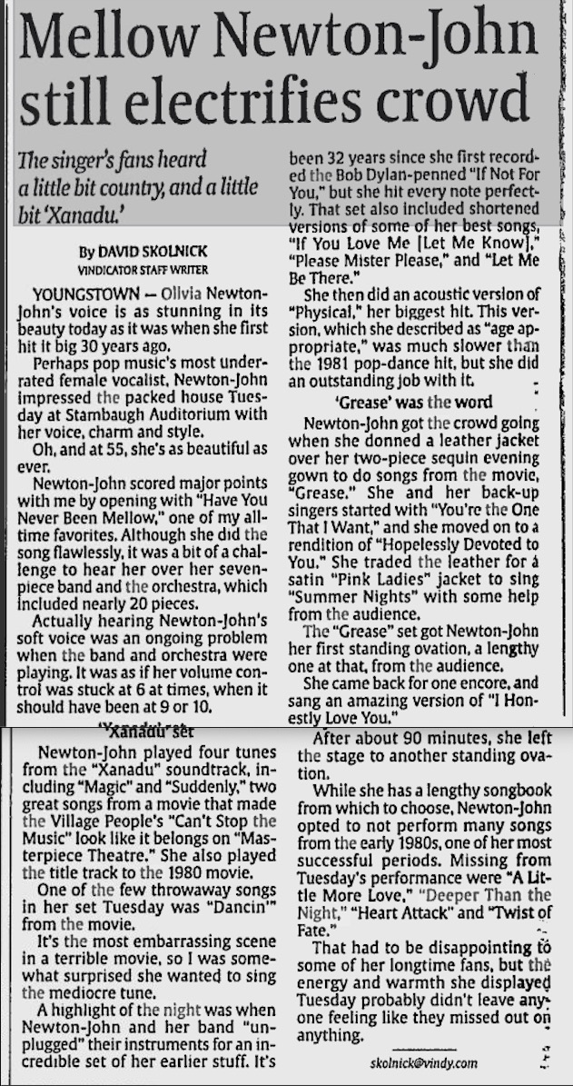 Mellow Newton-John still electrifies crowd - The Vindicator