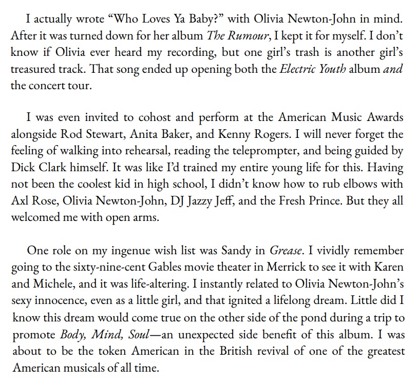 Olivia mention - Debbie Gibson Eternally Electric autobiography