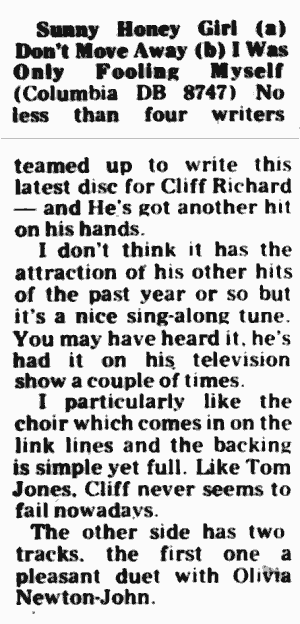 Cliff Richard single review ... b side Don't Move Away, a pleasant duet with Olivia Newton-John - Reading Evening Post