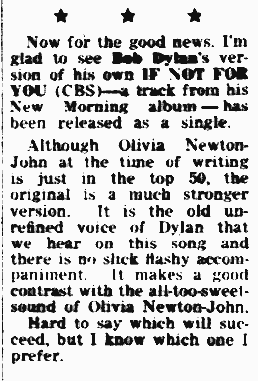 review of Bob Dylan's INFY single with the 'all too sweet sound of Olivia Newton-John' - Westminster And Pimlico News