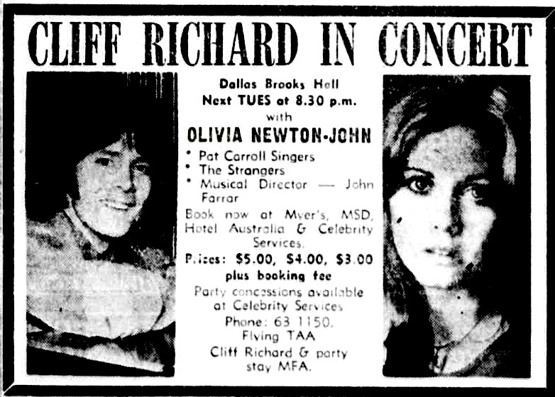 Advert Olivia to support Cliff Richard in Melbourne Oct 23 1973 - The Age