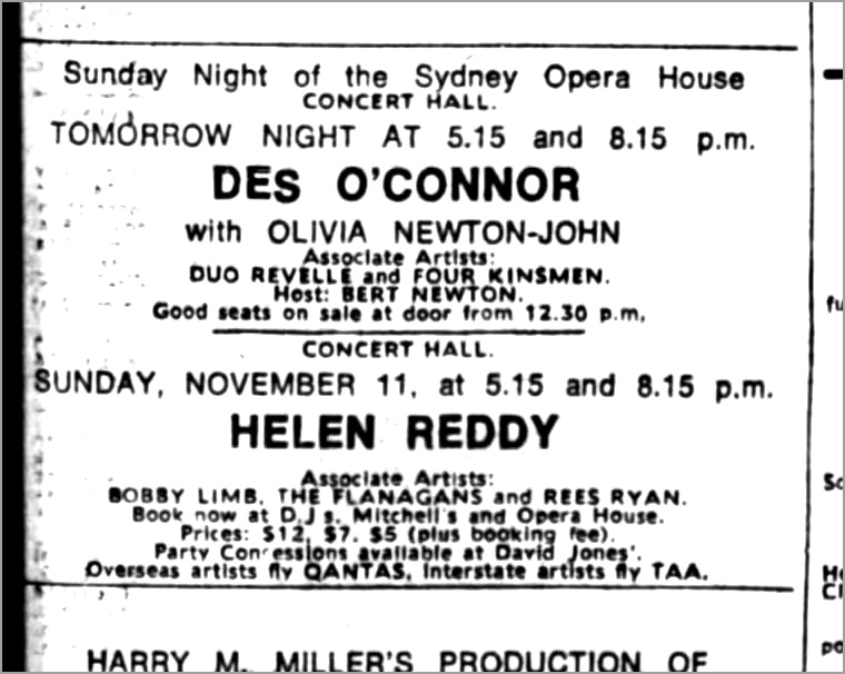Advert, Olivia to perform at Sydney Opera House Nov 4 1973 - Sydney Morning Herald