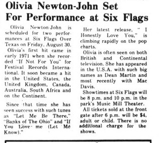 Olivia Newton-John Set For Performance at Six Flags, Texas Aug 30 1974 - The Sanger Courier