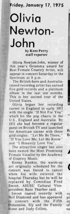 Olivia to appear Spectrum, Utah, Jan 18 1975 - Utah State University Newspaper