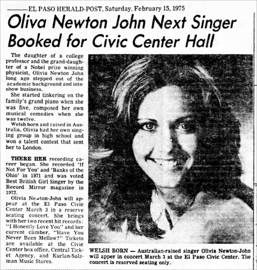 Olivia to perform El Paso March 3 1975 - El Paso Herald Post