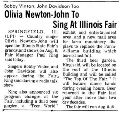 Olivia to perform at Illinois Fair, Aug 8 1975 - Mt Vernon Register News