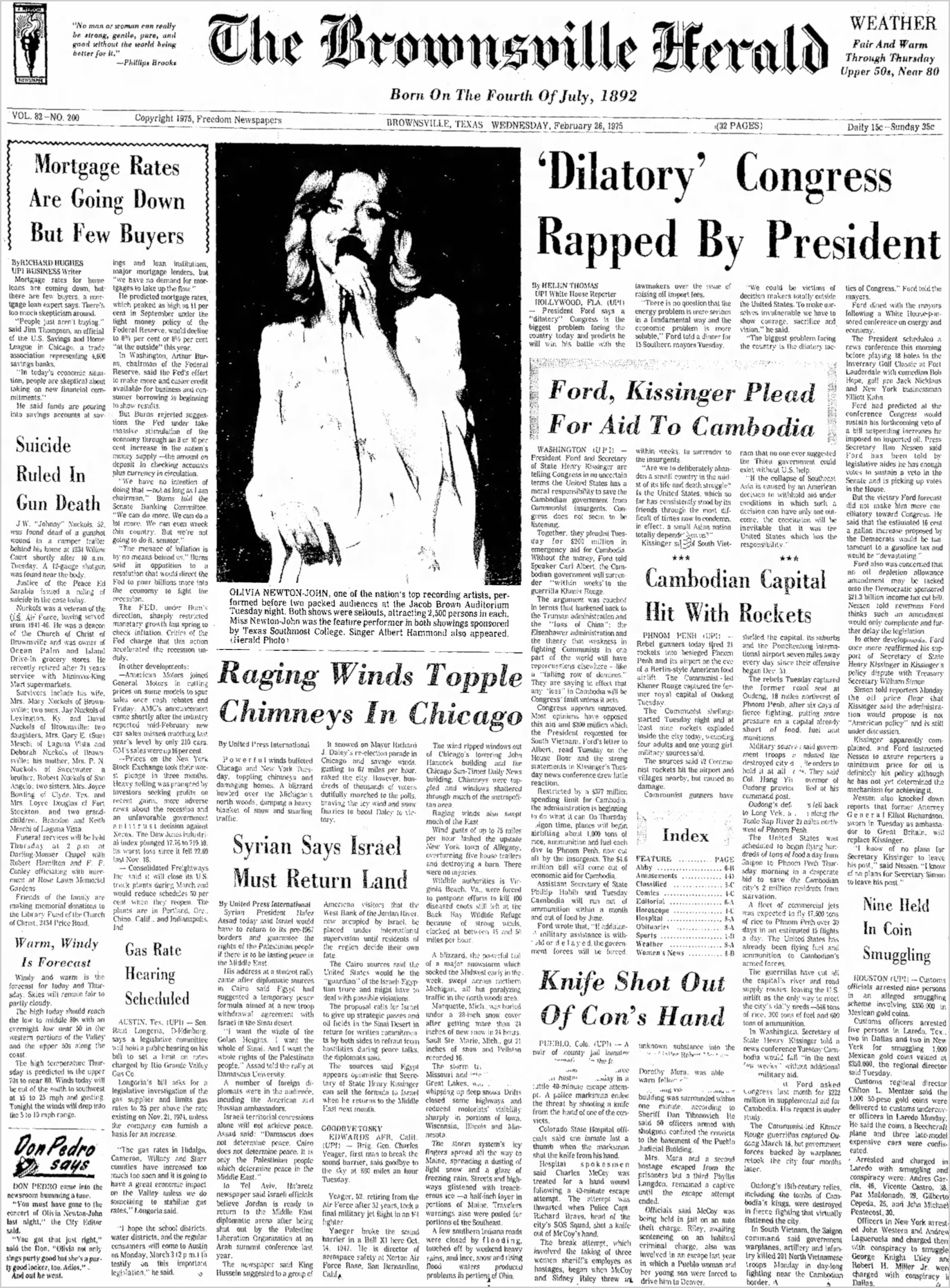 Olivia on front page after performing Jacob Brown Civic Auditorium, Feb 25 1975 - Brownsville Herald