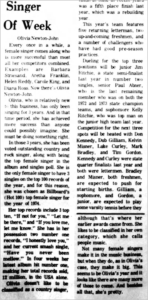 Singer of the Week, Billboard's Top Female Singer 1974 - Sapulpa Daily Herald