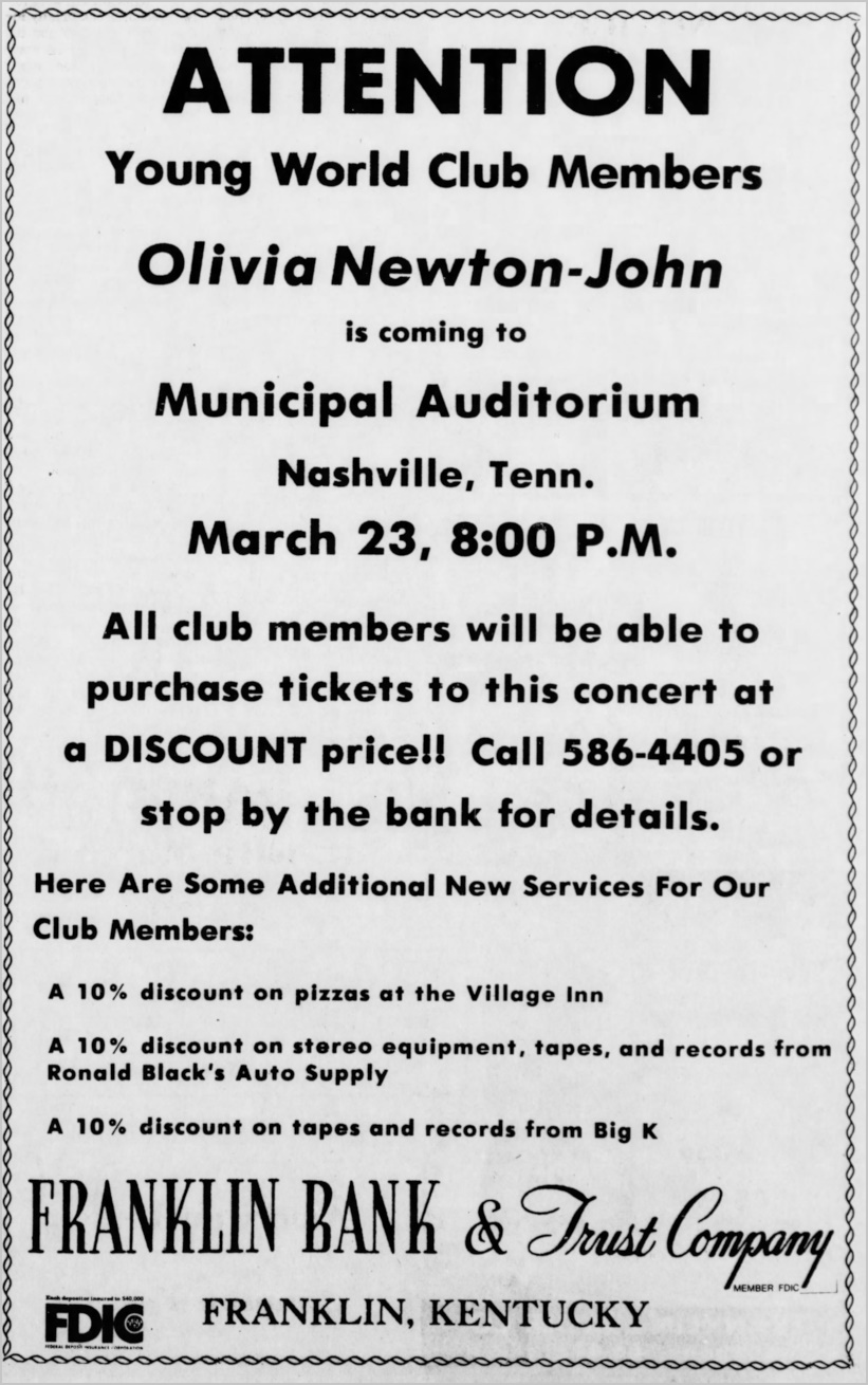 Olivia coming to Municipal Auditorium, TN March 23 1975 - The Franklin Favorite