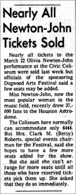 Nearly All Newton-John Tickets Sold at Dogwood Arts Festival, Knoxville March 22 1975 - Knoxville News Sentinel