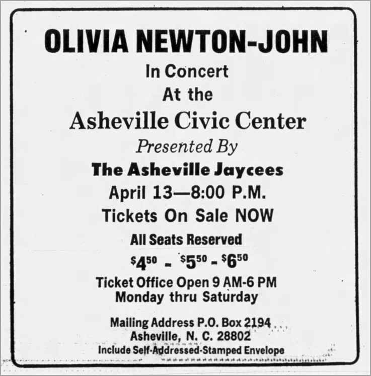 Olivia to perform at Asheville Civic Centre, April 13 1975 - The Asheville Times