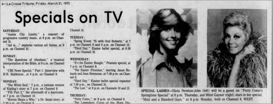 Olivia to appear on Perry Como Springtime Special - The La Crosse Tribune and others