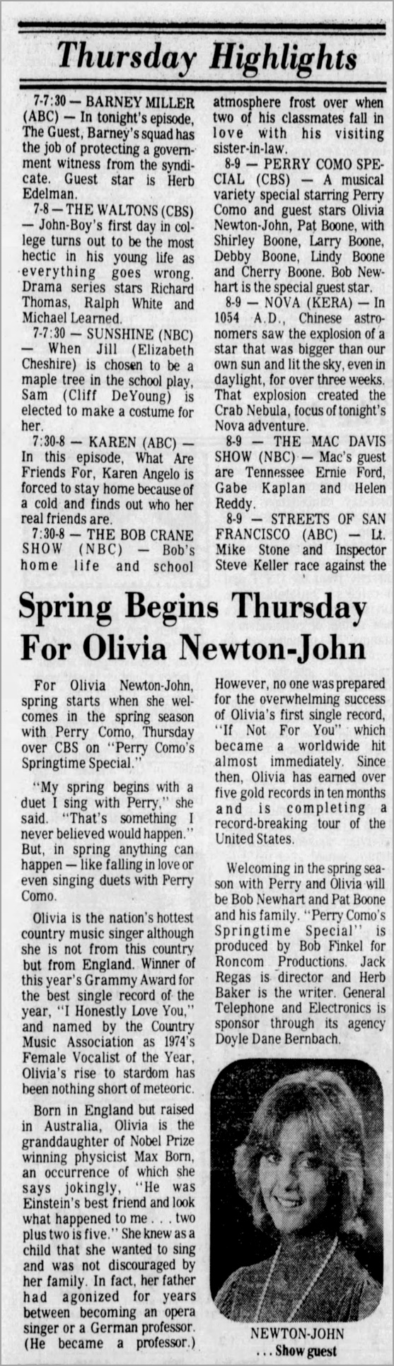 Olivia to appear on Perry Como Springtime Special - San Angelo Standard Times and other