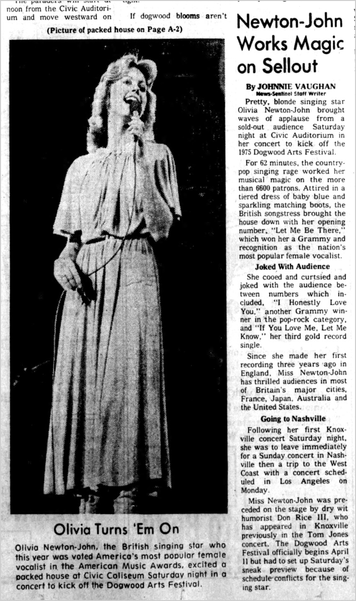 Newton-John works Magic on Sellout Dogwood Arts Festival, Knoxville March 22 1975 - Knoxville News Sentinel