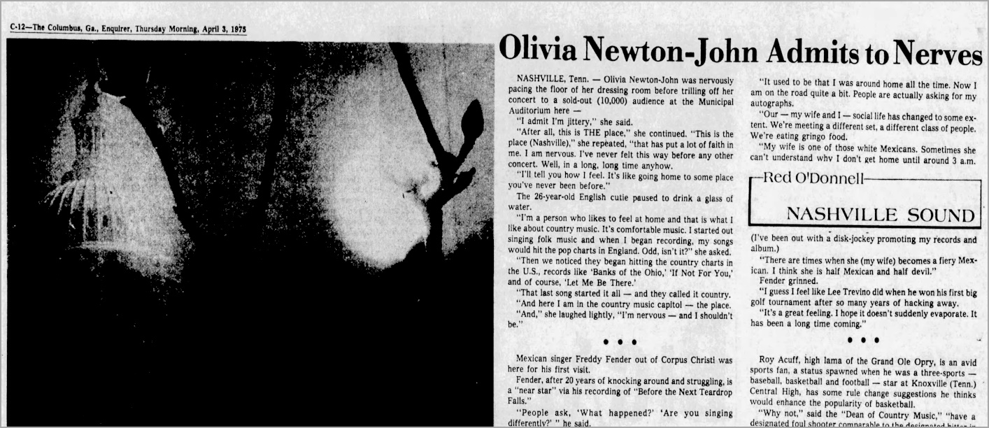 Olivia Admits To Nerves, Nashville March 23 1975 concert  - Ledger Enquirer