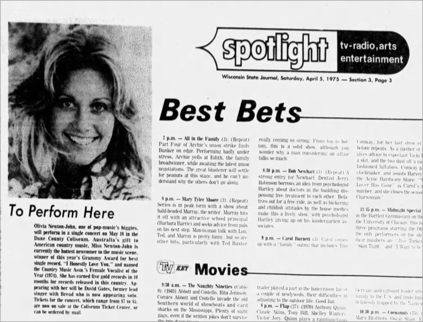 Newton-John to perform Wisconsin, May 18 1975 - Wisconsin State Journal