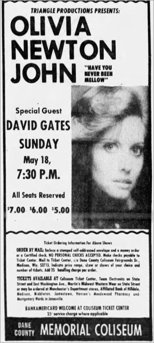 Olivia to appear at Dane County May 18 1975 - Wisconsin State Journal