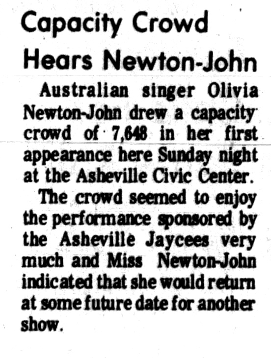 Capacity Crowd Hears Olivia, concert at Asheville, April 13 1975  - The Asheville Times