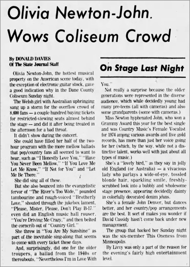 Olivia Wows Coliseum Crowd, May 18 1975 Wisconsin - Wisconsin State Journal