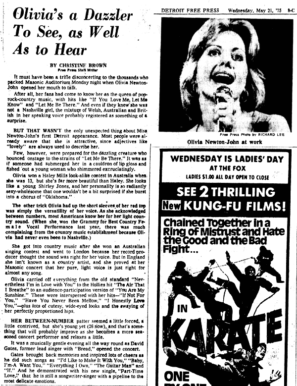 Olivia's a dazzler to see , as well as to hear May 19 1975 Detroit - Detroit Free Press
