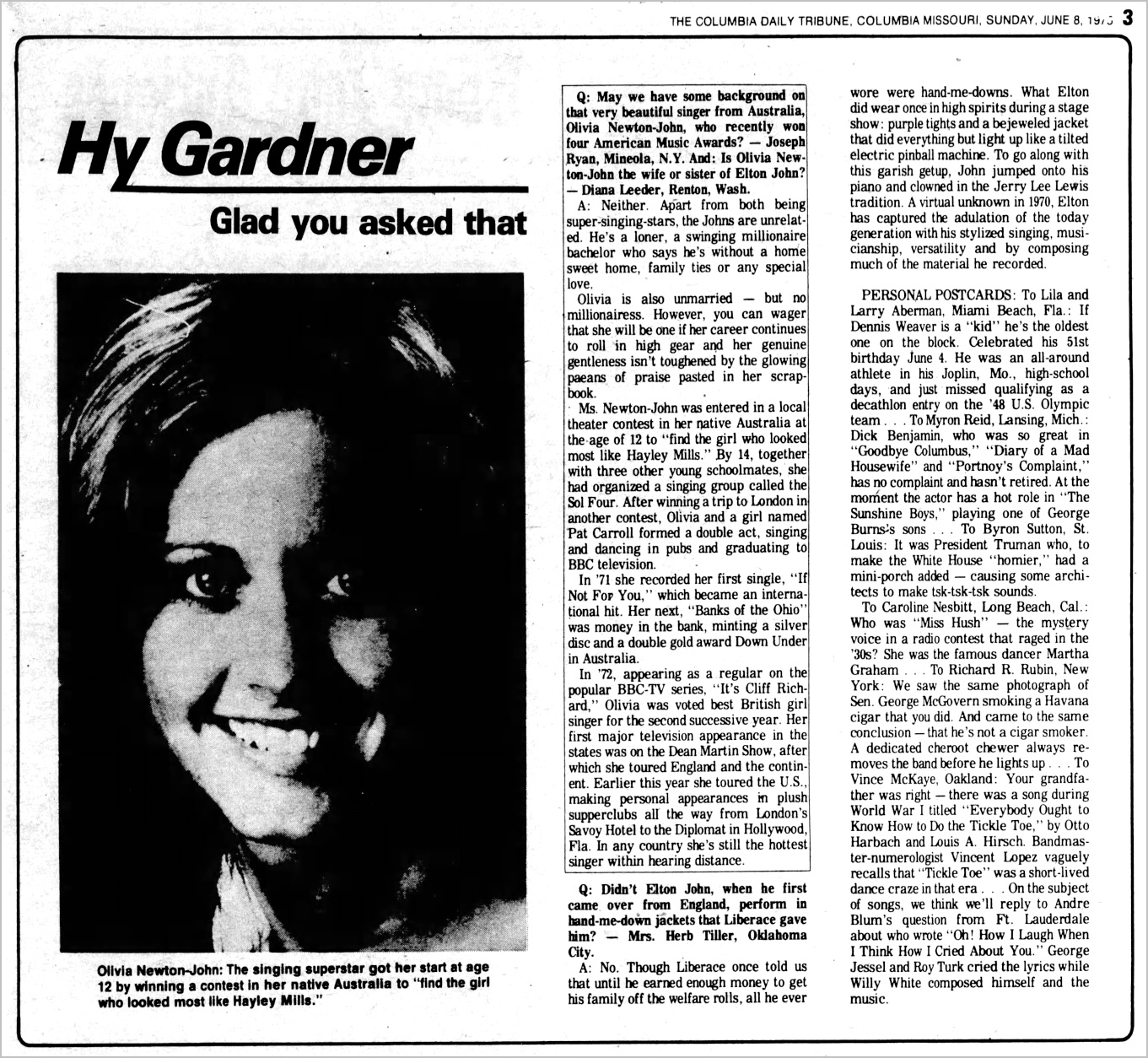 Various letters from fans printed in newspapers - Columbia Daily Tribune