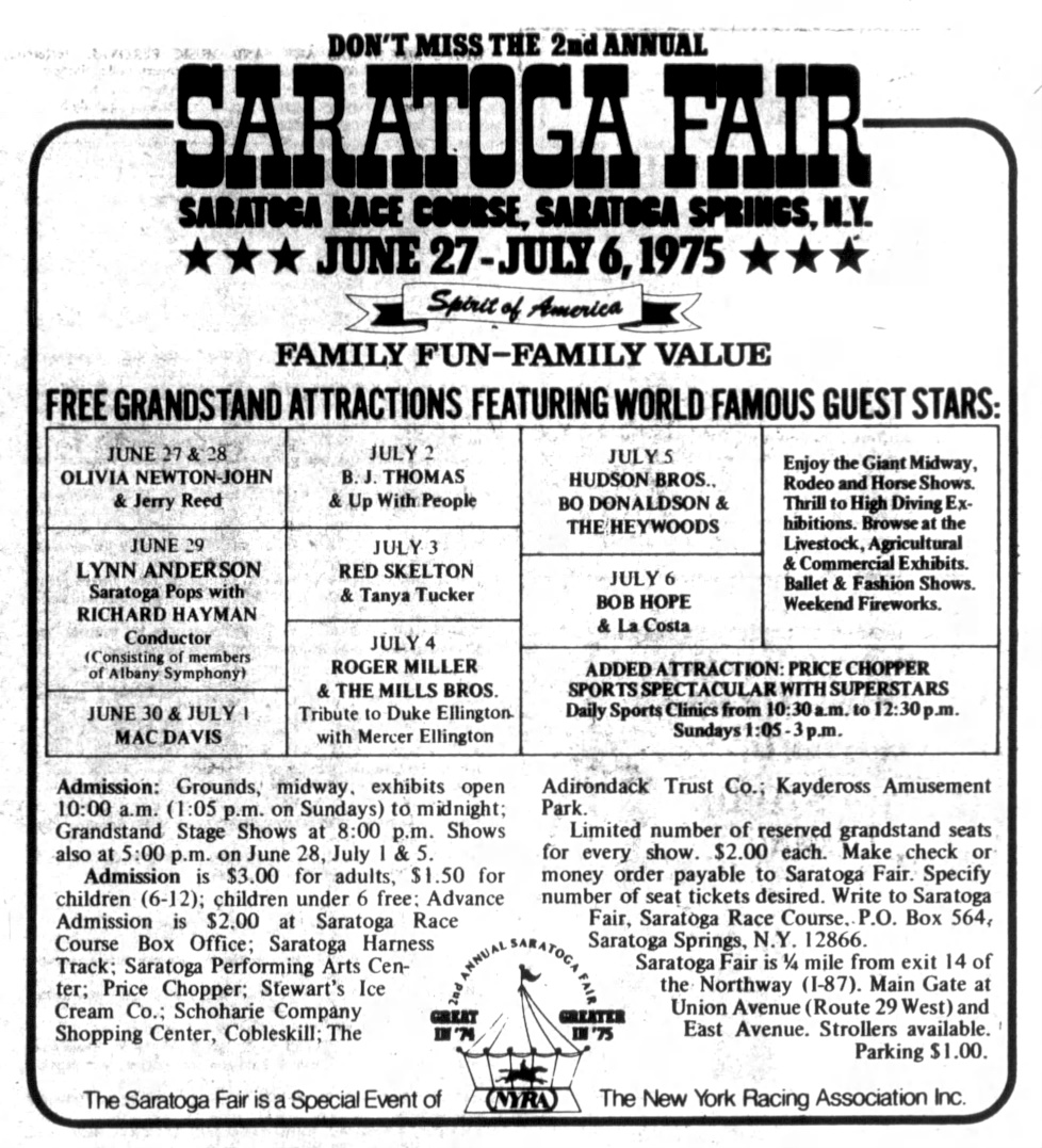 Adverts for Saratoga Fair concert June 27 & 28 1975 - Bennington Banner