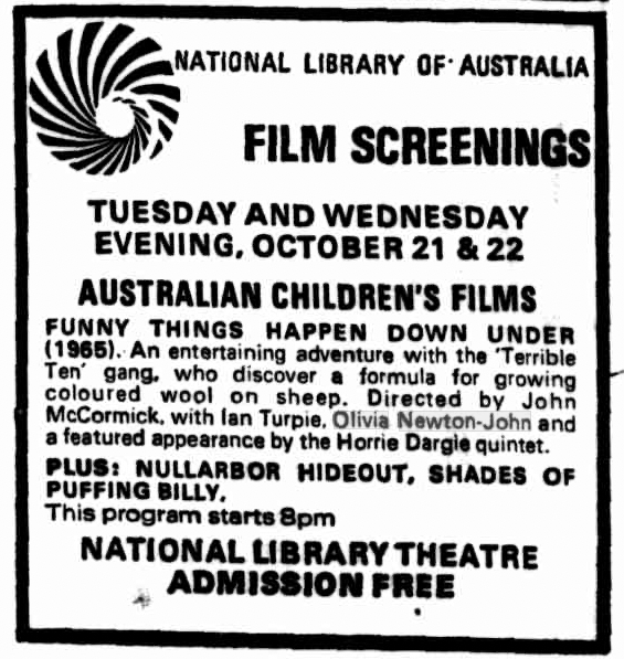 Mid 70s showing of Funny Things Happen Down Under - Canberra Times