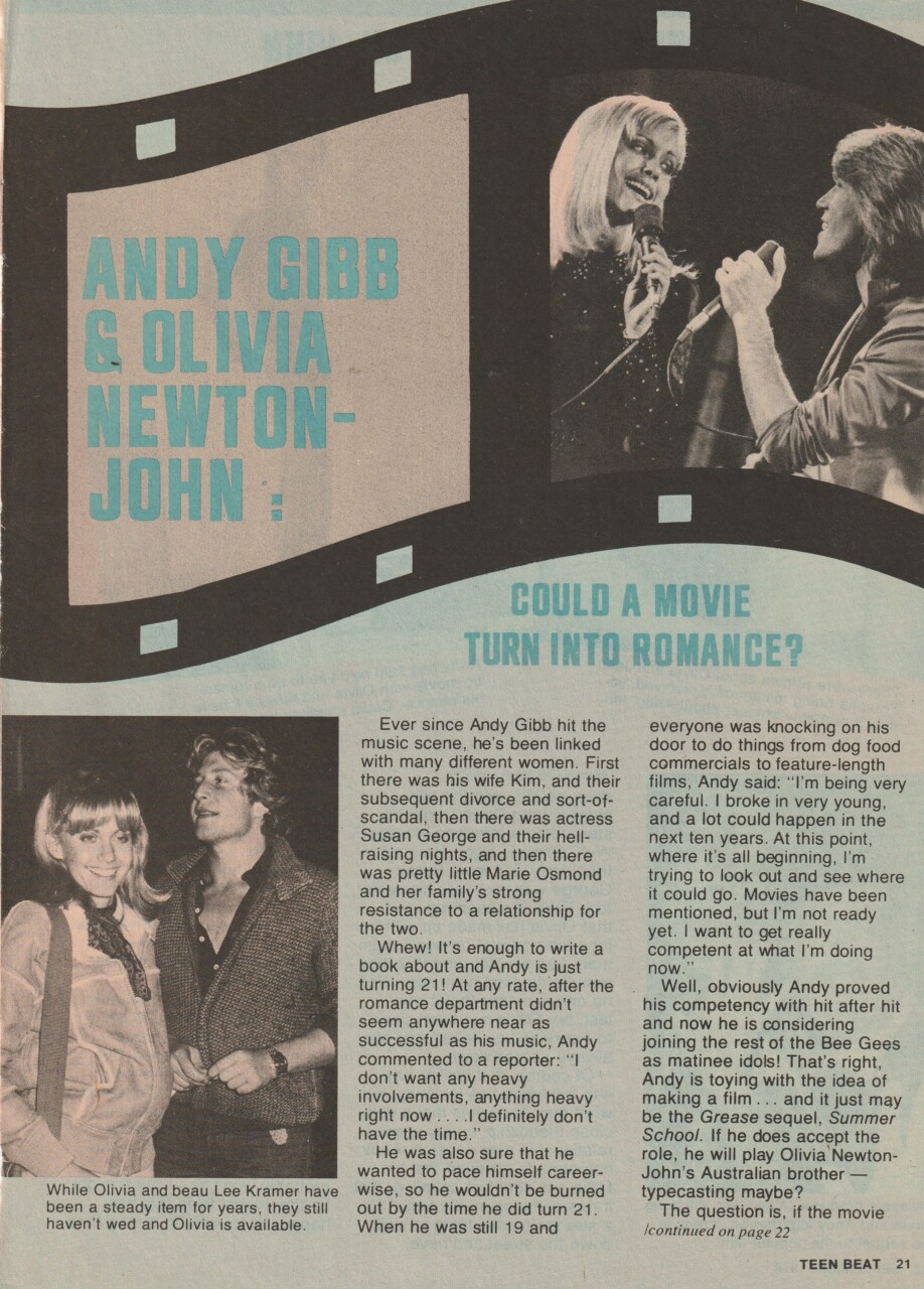 Andy Gibb and Olivia could a Movie turn into Romance? - Teen Beat