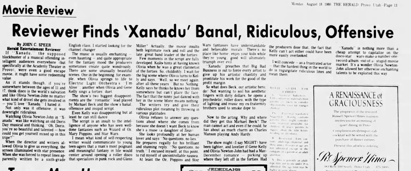 Reviewer Finds Xanadu Banal, Ridiculous, Offensive - The Daily Herald