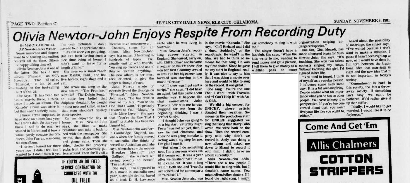 Olivia Enjoys Respite From Recording Duty - The Elk City Daily News