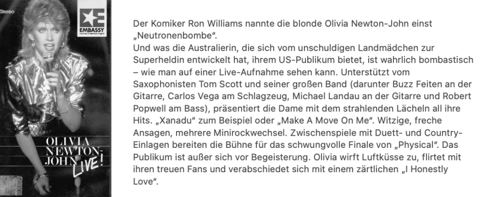 Olivia Newton-John live! video review - Audio