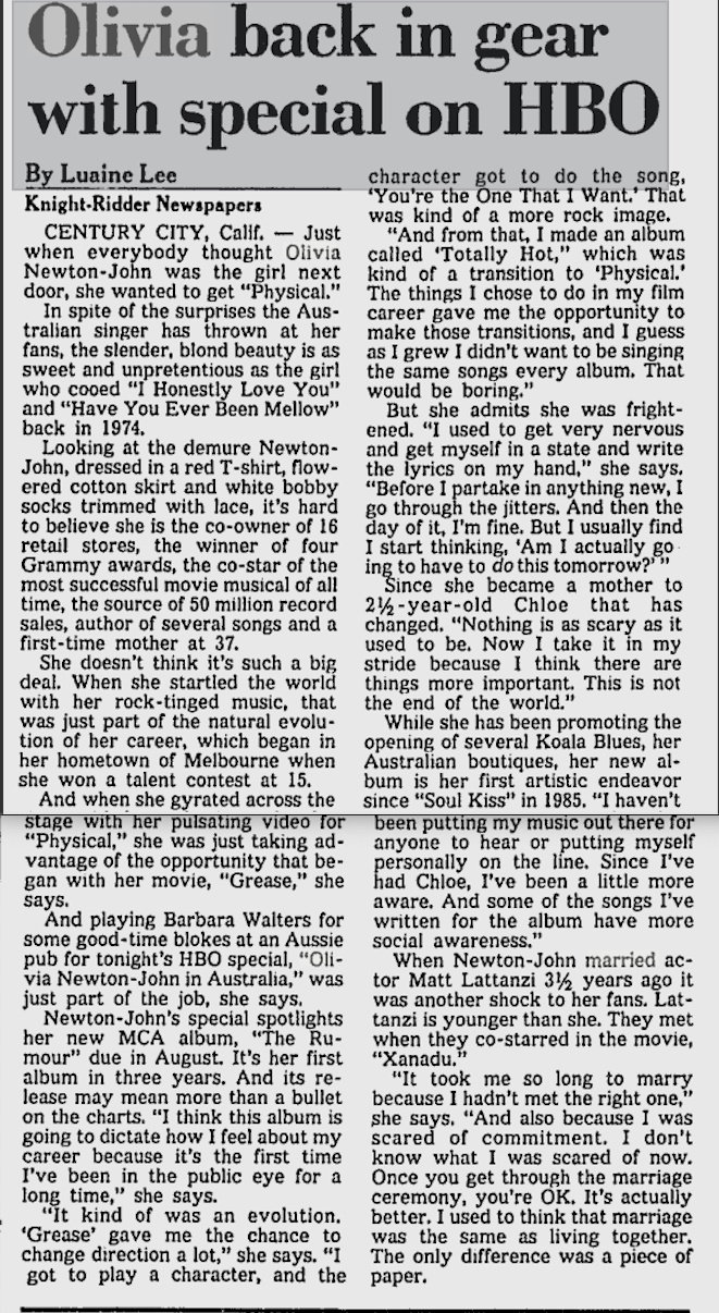 Olivia back in gear with special on HBO - The Vindicator