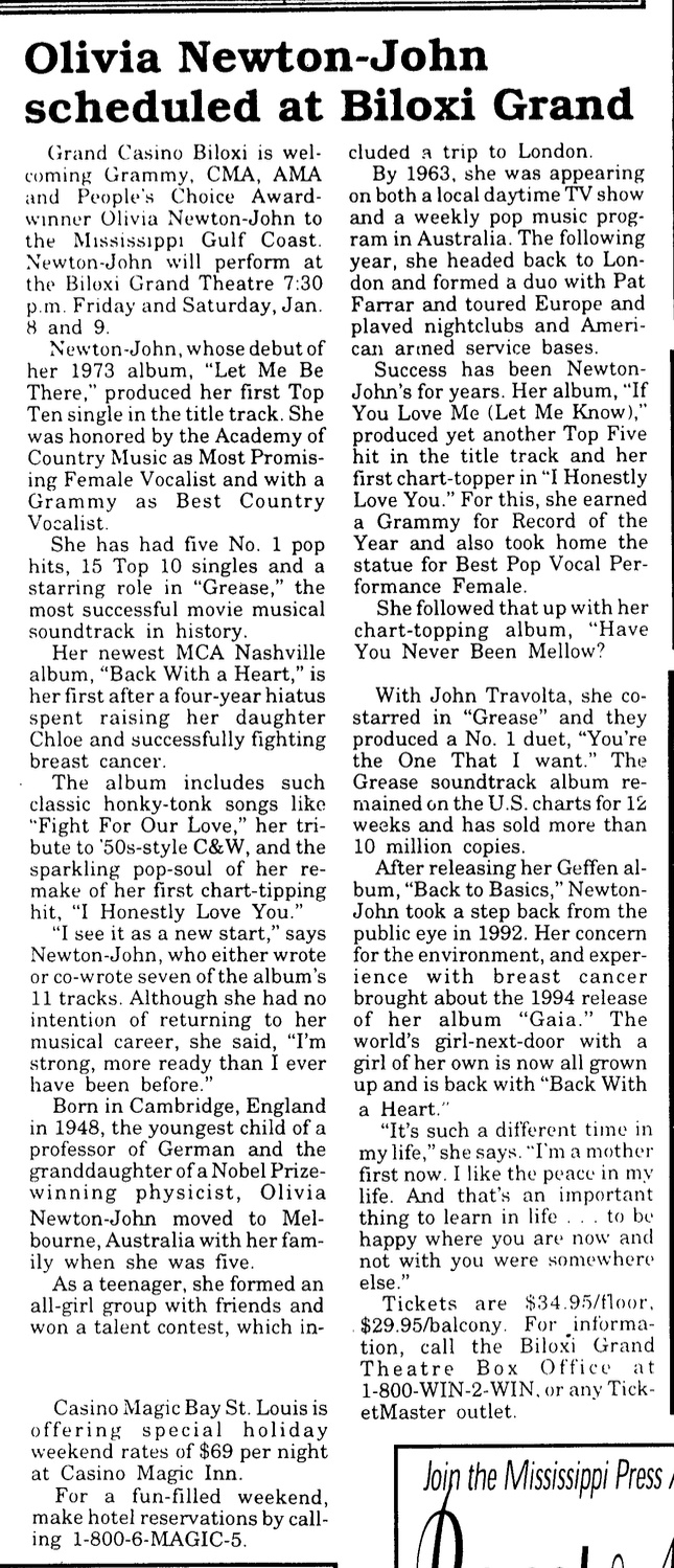 Olivia Scheduled at Biloxi Grand Jan 8 and 9 1998 - Sea Coast Echo